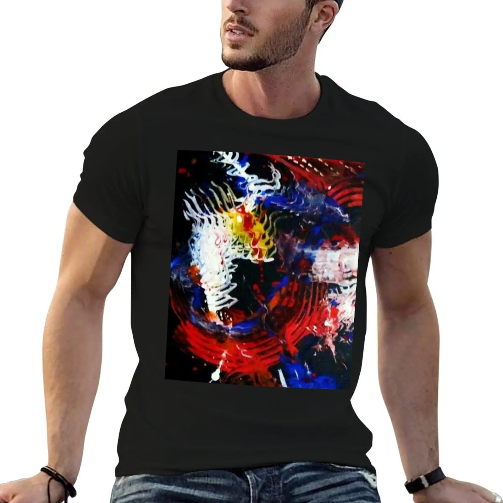 Camiseta abstracta Joy negra, azul, t pintura gráfica, camisa hombre acrílico blanco, amarillo camiseta esencial roja,
