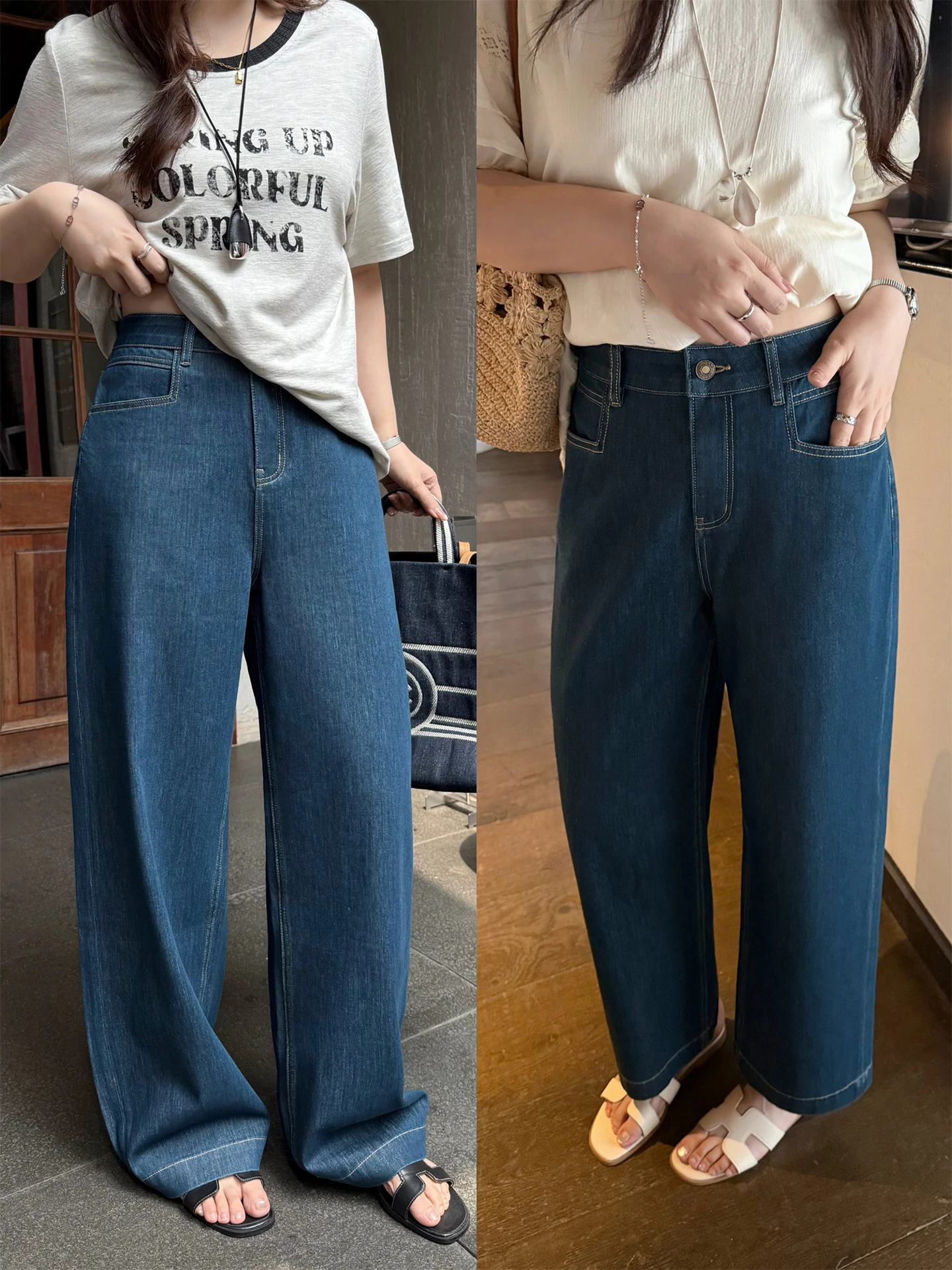 

plus Size Women's High Waist Washed Jeans Slimming Denim Pants Vintage Style Pocket Detail Straight Leg Summer Collection