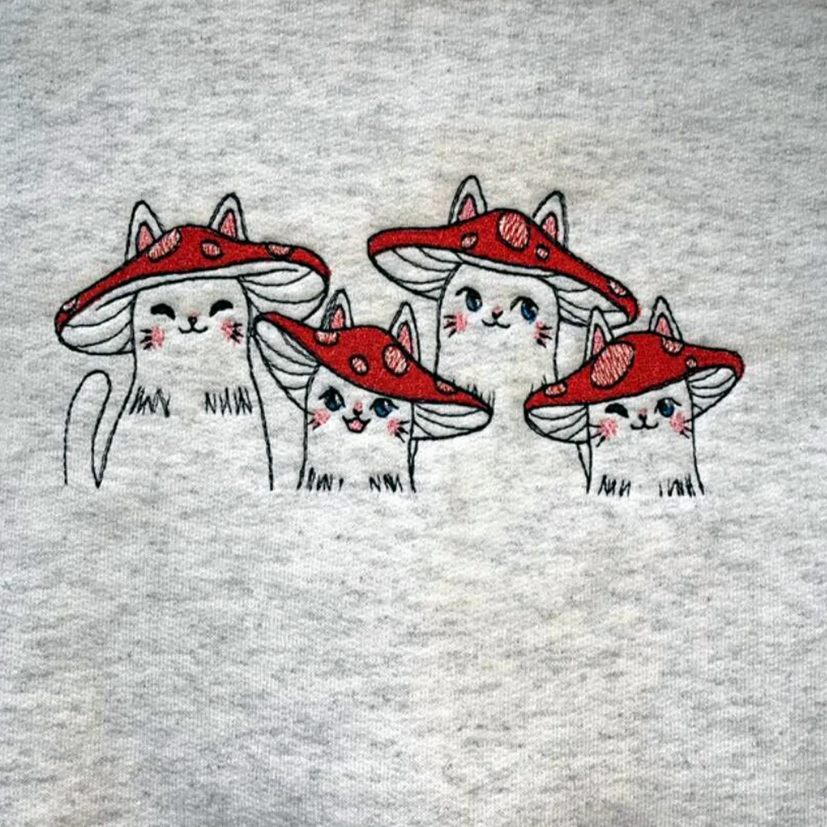 Mushroom Cats Embroidered Funny Crewneck Sweatshirts Female Autumn Winter Thick Warm Fleece Pullover Vintage Style Jumpers