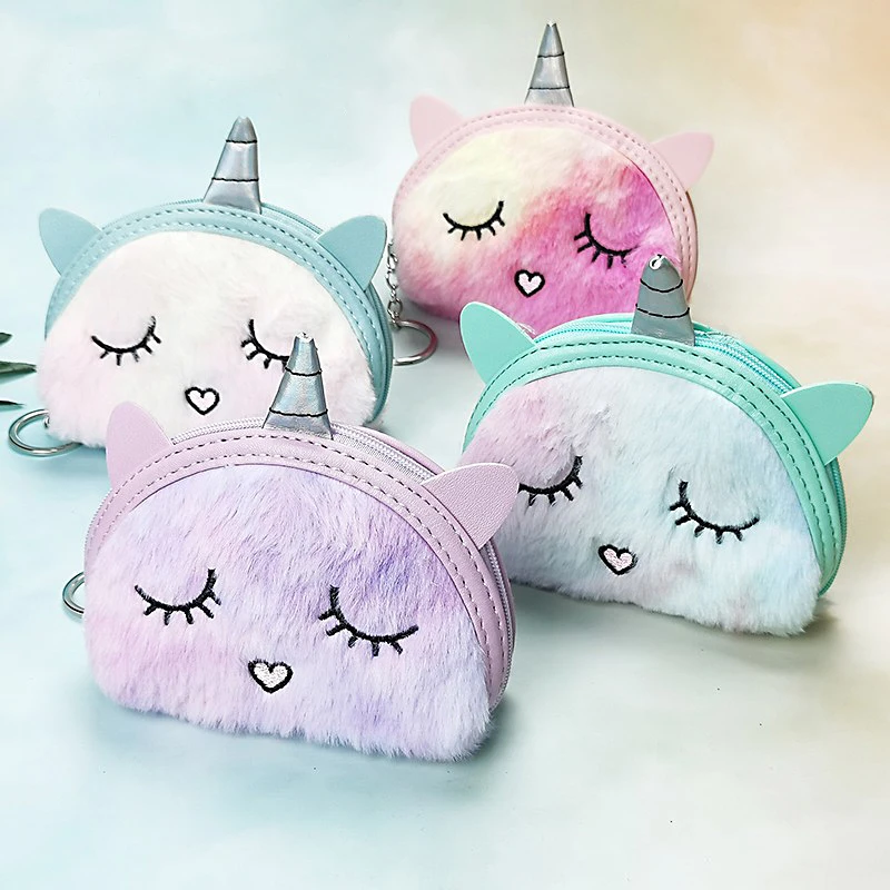 Cartoon Unicorn Plush Coin Purse Women Colorful Zipper Keys Headphone Bag Student Plush Wallet