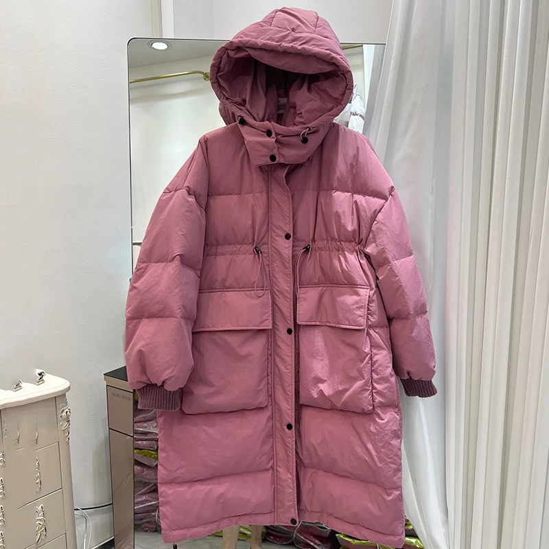 الشتاء -15 ° سترة طويلة بغطاء للرأس دافئة للنساء بسحاب سميك وجيب كبير ملابس خارجية للنساء سترات بيضاء بطول الركبة من باركر #3