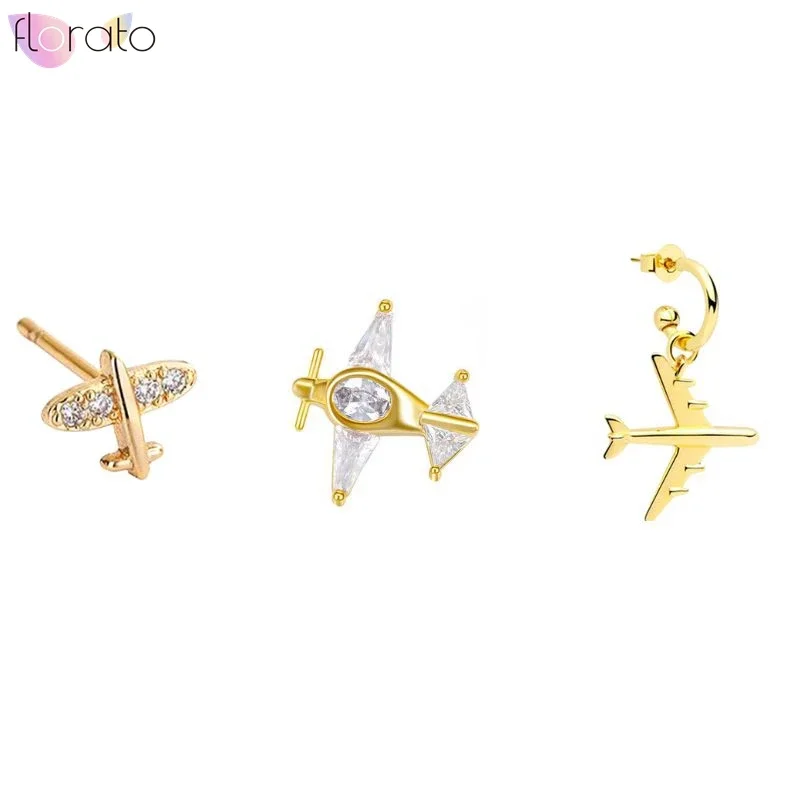 

925 Sterling Silver Needle Mini Golden Airplane Stud Earrings for Women Pave Shiny Zircon New Year Gift Earrings Fashion Jewelry