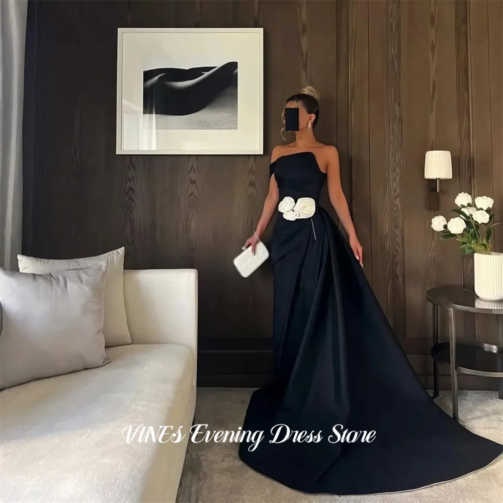 

VINES Black Party Dress One Shoulder Evening Dress with White Floral Waist Formal Gown Side Slit Prom Gown for Women Customized