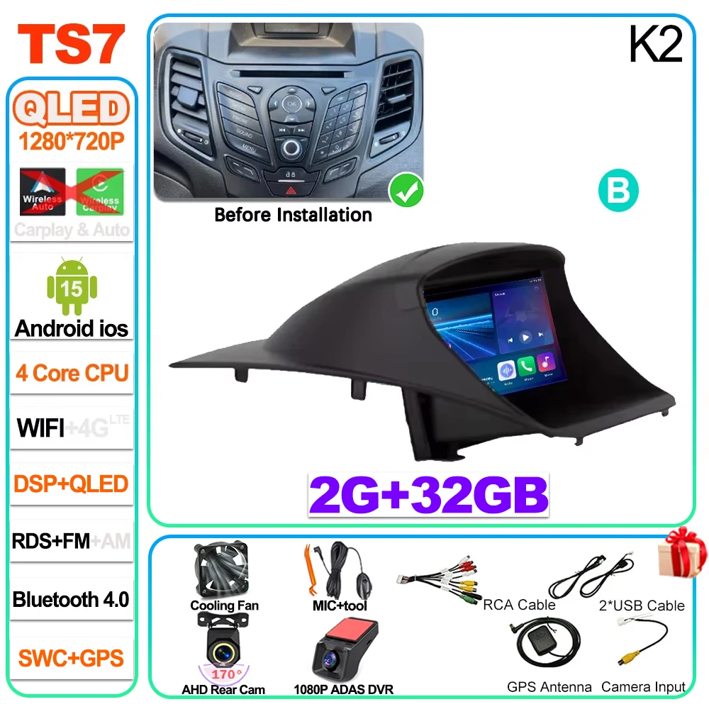 Auto radio Carplay Android 16 voor Ford Fiesta Mk 6 2009 2010 2011 2012 2013 2014 -2018 Radio Multimedia Videospeler Scherm GPS