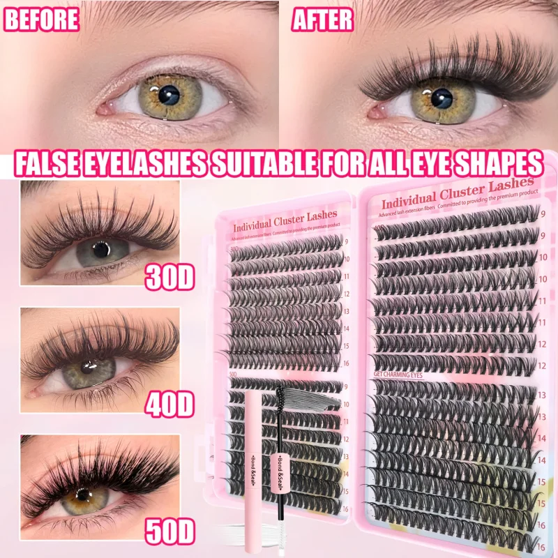 640個入りDIYまつげエクステキット - 9-16mmミックス30D、40D、50Dつけまつげ、接着剤とピンセット付き、再利用可能、簡単に装着可能