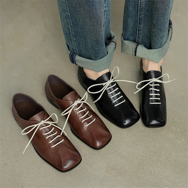

New Spring/autumn Genuine Leather Women Shoes Square Toe Shoes for Women Fashion Lace Loafers Low Heel Women Pumps Handmade