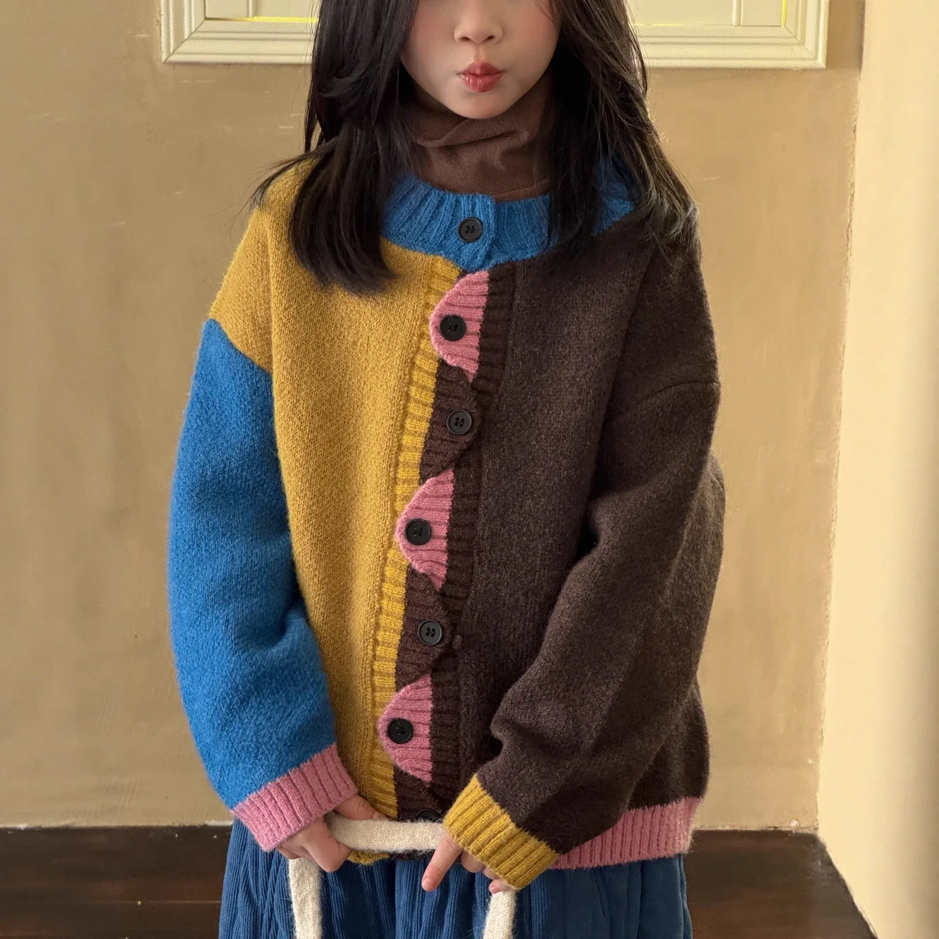 

Autumn Winter Korean Kid Girl Sweater Irregular Contrast Infant Babys Girls Knitwear Round Collar Versatiel Little Girl Cardigan
