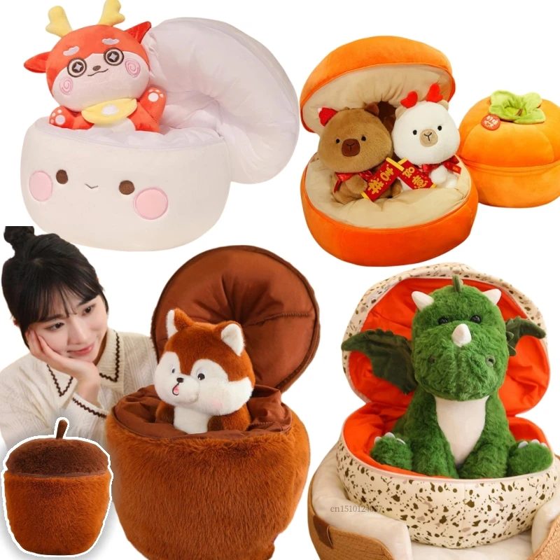 Fruit Transformation Plush Dolls Combination Series Creative Animal Capybara Squirrel Dinosaur Egg  Super Soft DecorPillow Gifts