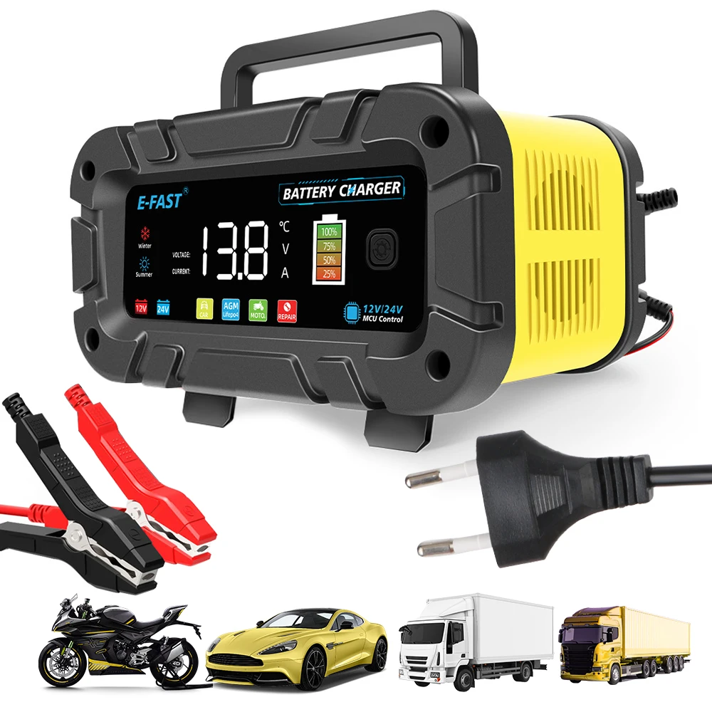 Multifunctional LED Display 12V 24V Smart Car Battery Charger Motorcycle SUV Truck 20A High Power Pulse Repair Battery Charging