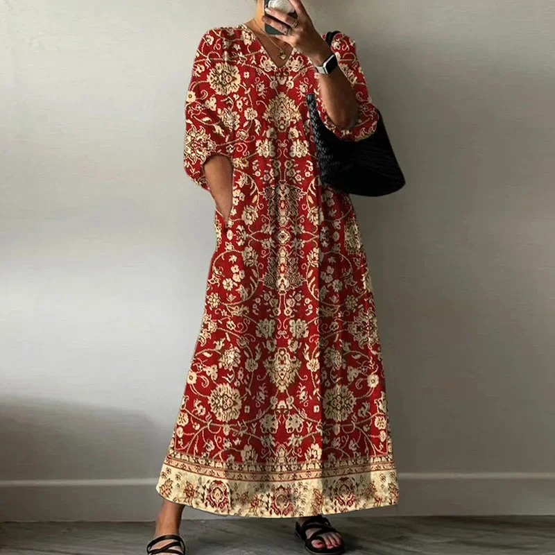 

New Women's Casual V Neck Holiday Dress Vintage Floral Print Pocket Pullover Dress Spring Summer Short Sleeved Loose Long Dress
