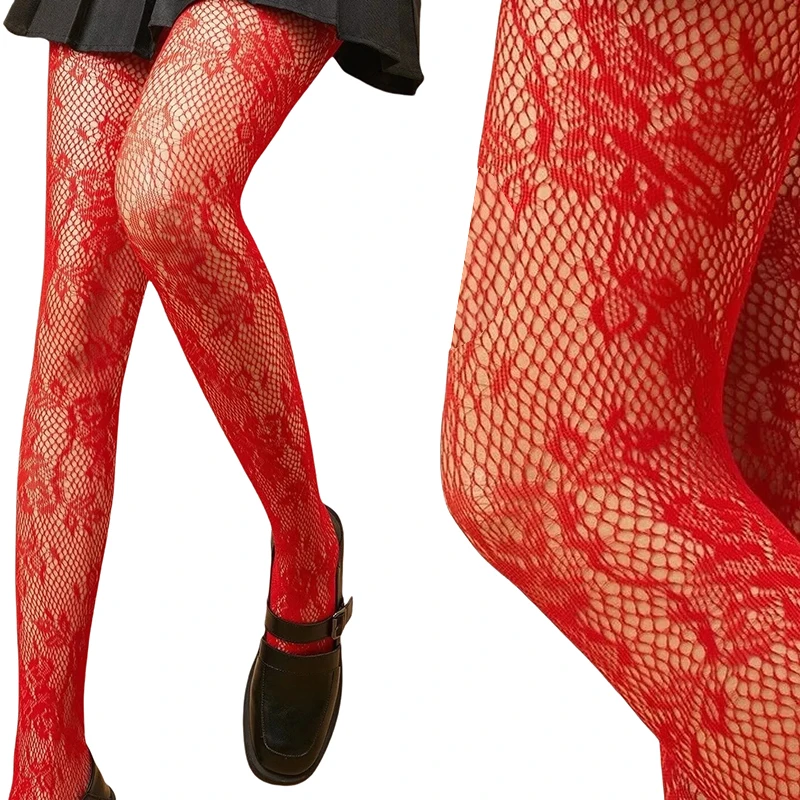 

Trendy Women's Branches Patterned Colored Lace Fishnet Tights Y2K Branch with Leaves Pattern Red Fishnets Ladies Net Pantyhose