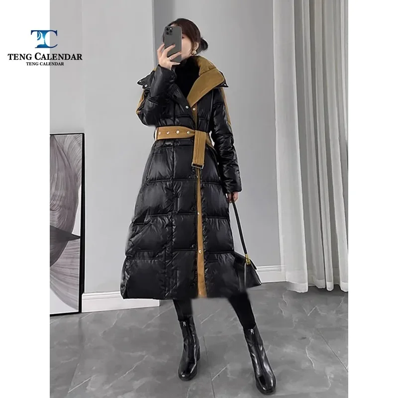 Black Down Jacket, Glossy Long and Knee Contrasting Patchwork, Thick Jacket, High-end Wash Free, New Winter Edition, 2022 Editio