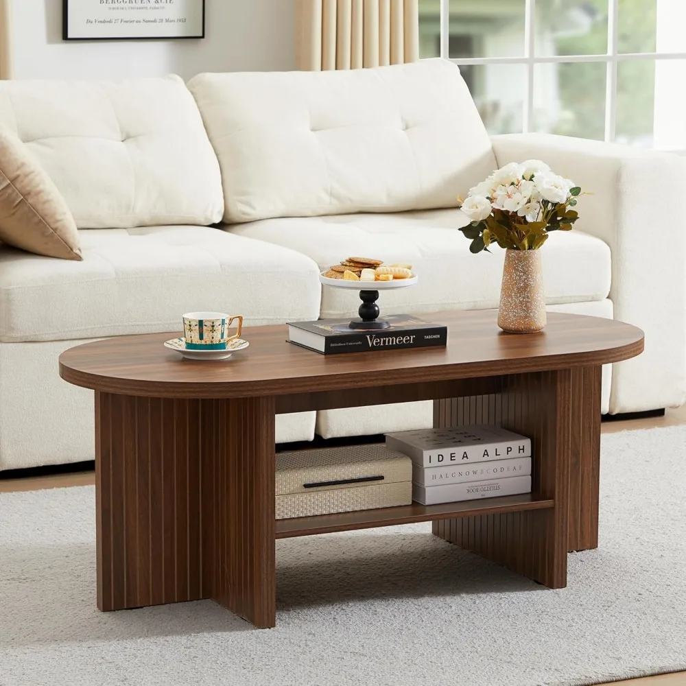 Farmhouse Style Oval Coffee Table with Storage Shelf for Living Room