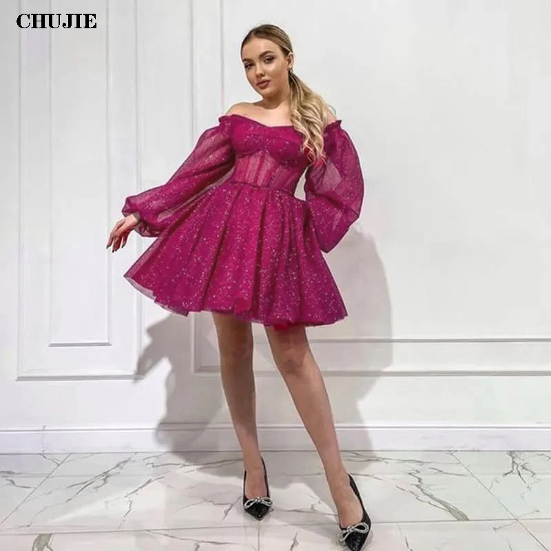 Glitter Long Sleeves Homecoming Dresses Girl\'s Cocktail Dress Tulle V Neck A Line Wedding Evening Gown Vestido de Graduación