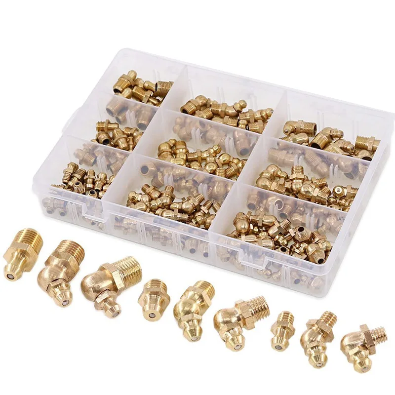 ABGG-145-Pcs Metric Standard Brass Hydraulic Grease Fitting Assortment Kit - Straight, 90-Degree, 45-Degree Angled Zerk