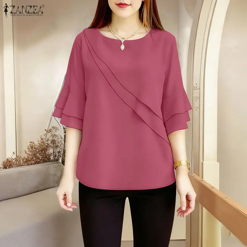 Eleganckie bluzki damskie ZANZEA do pracy biurowej, modne koszule z krótkim rękawem na lato 2025, codzienne bluzki z okrągłym dekoltem, luźne tuniki, topy damskie.