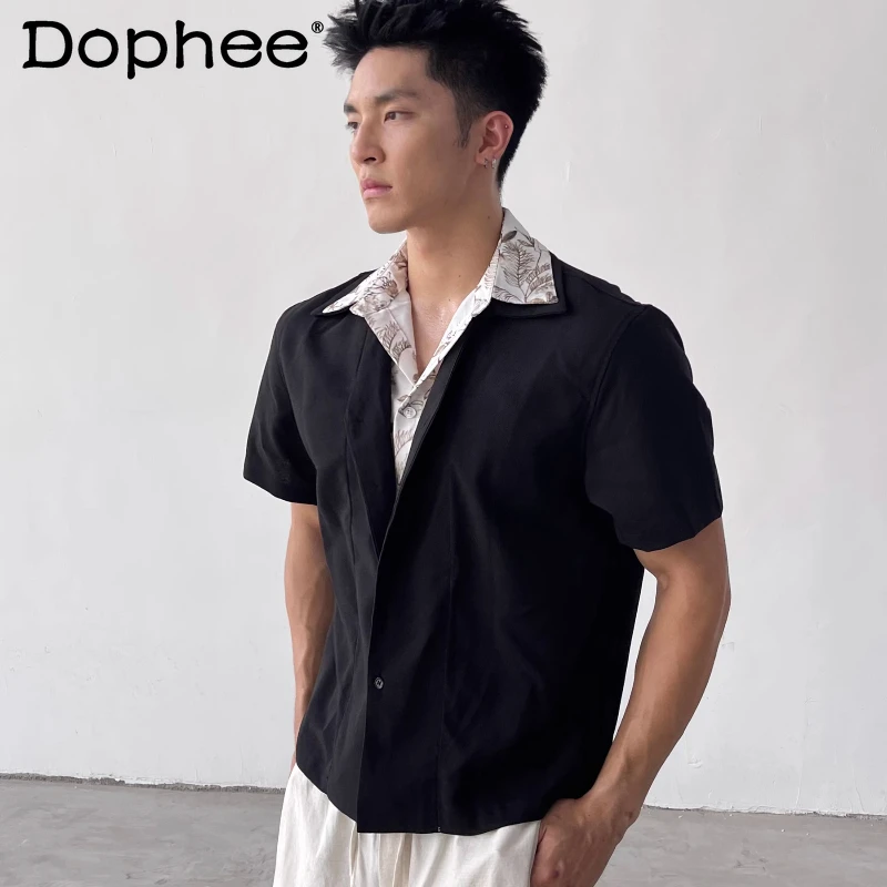 

2025 Men's Summer New Fashion Tops Faux Two-Piece Design Light Luxury Short Sleeve T-Shirts Men's Retro Elegant Lapel Shirt Tees