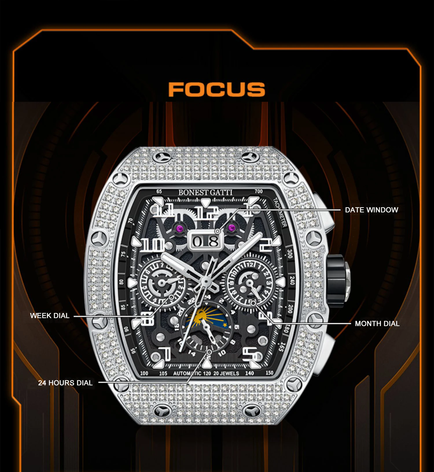 BONEST GATTI-Montre-Bracelet Mécanique pour Homme, existent, Tonneau, Saphir, Shoous, Fluorubber, Bracelet, Mois, Semaine, Date, 44x52mm