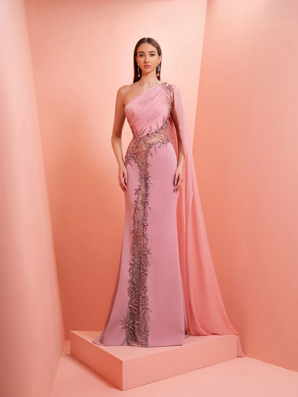 Roze sprankelende kralen satijnen avondjurk elegante één schouder lange bruiloft jurk nieuwe op maat gemaakte prachtige galajurken