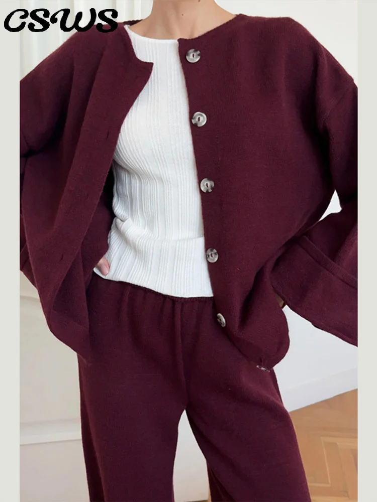 

Элегантная трикотажная однобортная рубашка, брюки, костюм, женские однотонные свободные брюки с длинными рукавами и круглым вырезом, прямые брюки с высокой талией, мода 2023 г.