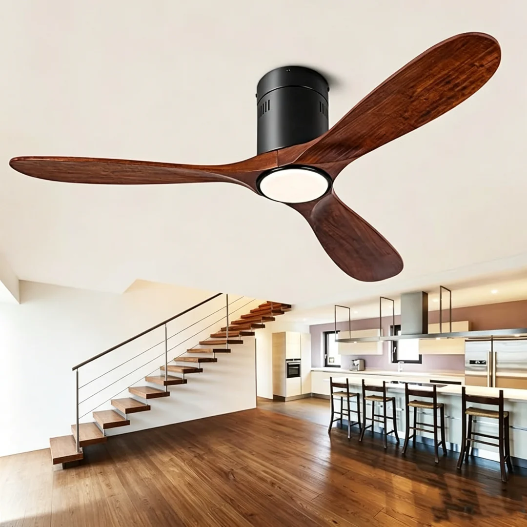 52 Inch Solid Wood Ceiling Fans Remote Control 32W Silent Ceiling Fan with Light Tricolor Light Living Room Lighting