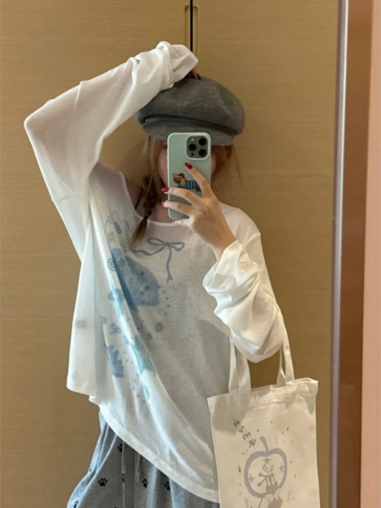 그래피티 프린트 티셔츠 여성 하라주쿠 한국 Y2k 오버사이즈 티셔츠 빈티지 긴팔 햇빛 가리개 셔츠 탑 스트릿웨어 탑