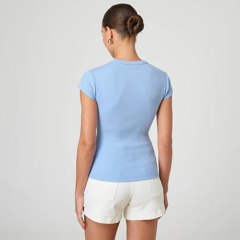 New Solid Color Sexy Buttons Short-sleeved T-shirt Top Women's European American Women's Clothing Spring and Summer Y25TP017