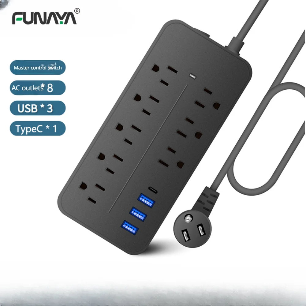 

US Power Strip Sockets 6/8 Outlets with 3 USB 1 Type-c AC110v Fast Charging 10A Overload protection Black/white Table Socket