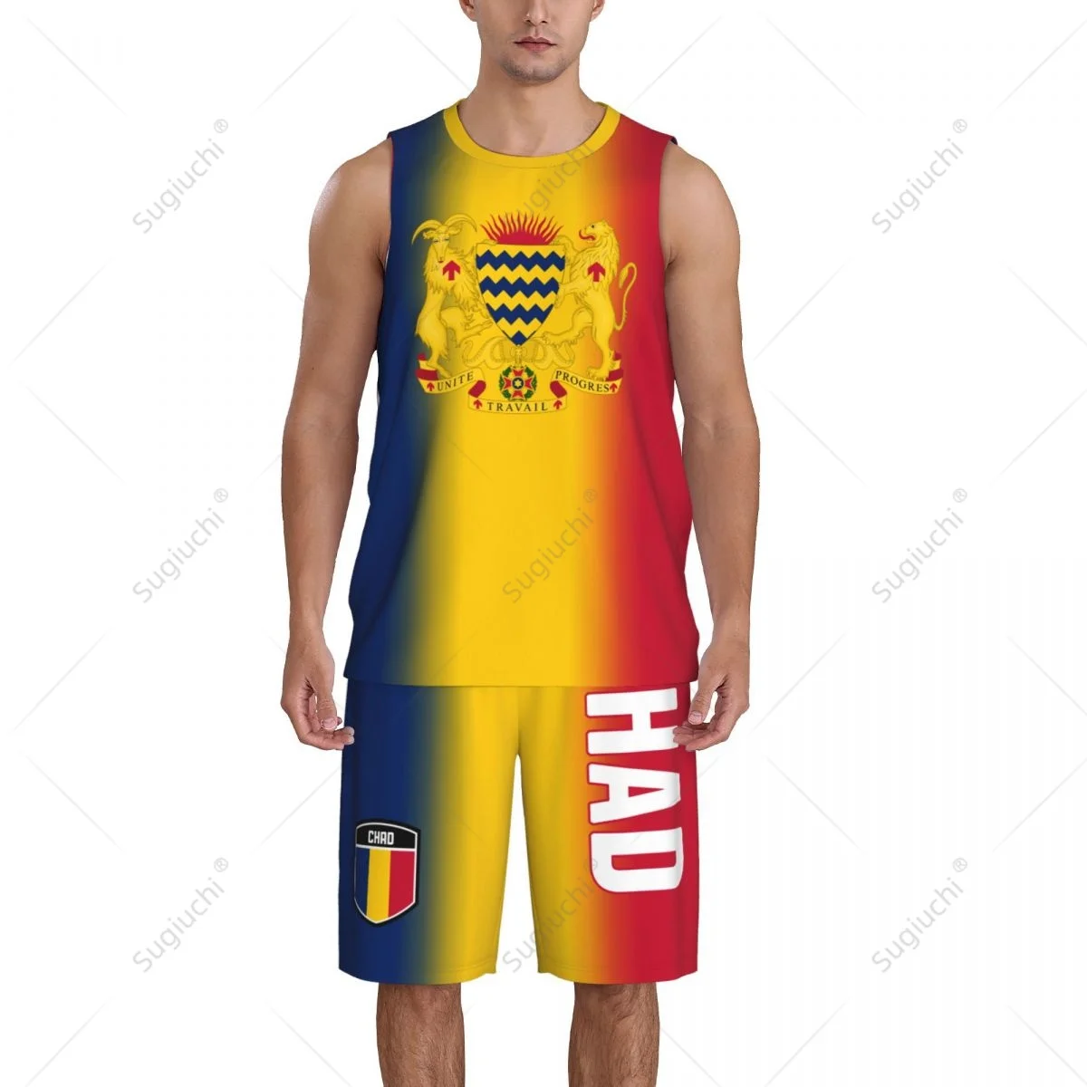 Conjunto de camisa de basquete masculino com bandeira Chad, camisa e calças de malha, sem mangas, exclusivo, nome personalizado, Nunber, unissex