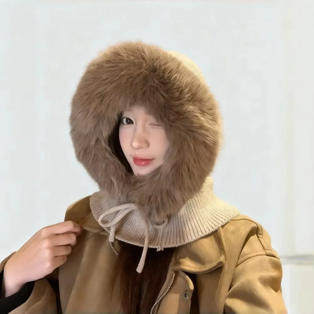 Versatile Balaclava Hat Imitation Mink Wool Integrated Neck Guard Knitted Hat Drawstring Design Cold-proof Pullover Hat