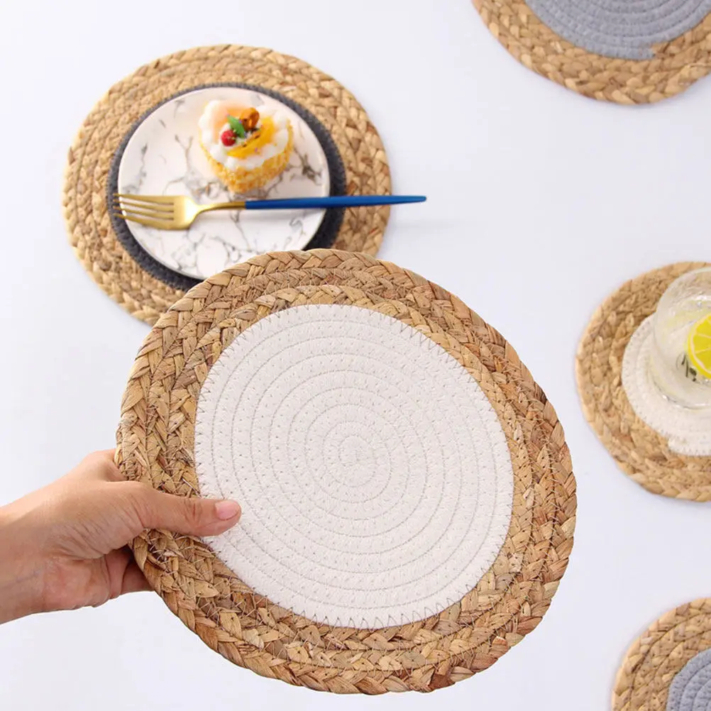 2Pcs Tassel Round Placemat Woven Straw Heat Resistant Table Mat Anti Scald Coaster for Drinks Bowl Cup Desktop Decorative Place view 5