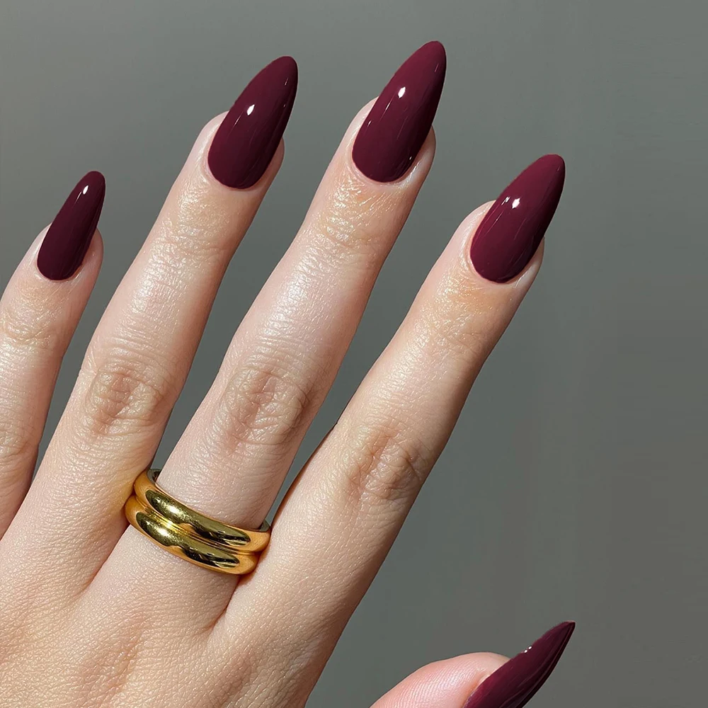 Wine Red  Nails Medium Almond Fake Nails Glossy Full Cover Solid Color False Nails  Women  Girls including1 jelly glue and1 nail