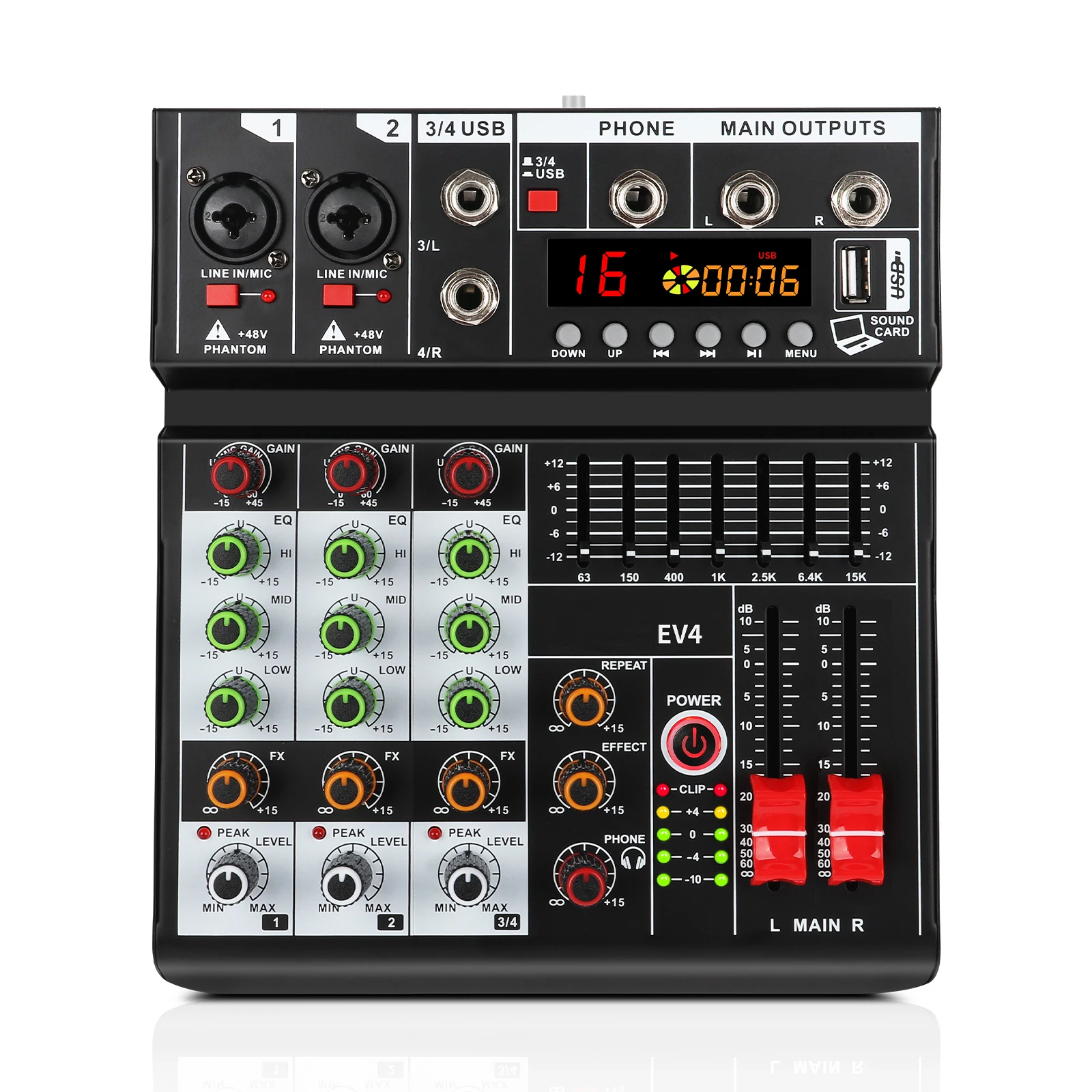 

XTUGA EV4 USB Interface 4 Channel Mini Audio Mixer Console For Home Karaoke Computer Recording With 16 DSP Effects