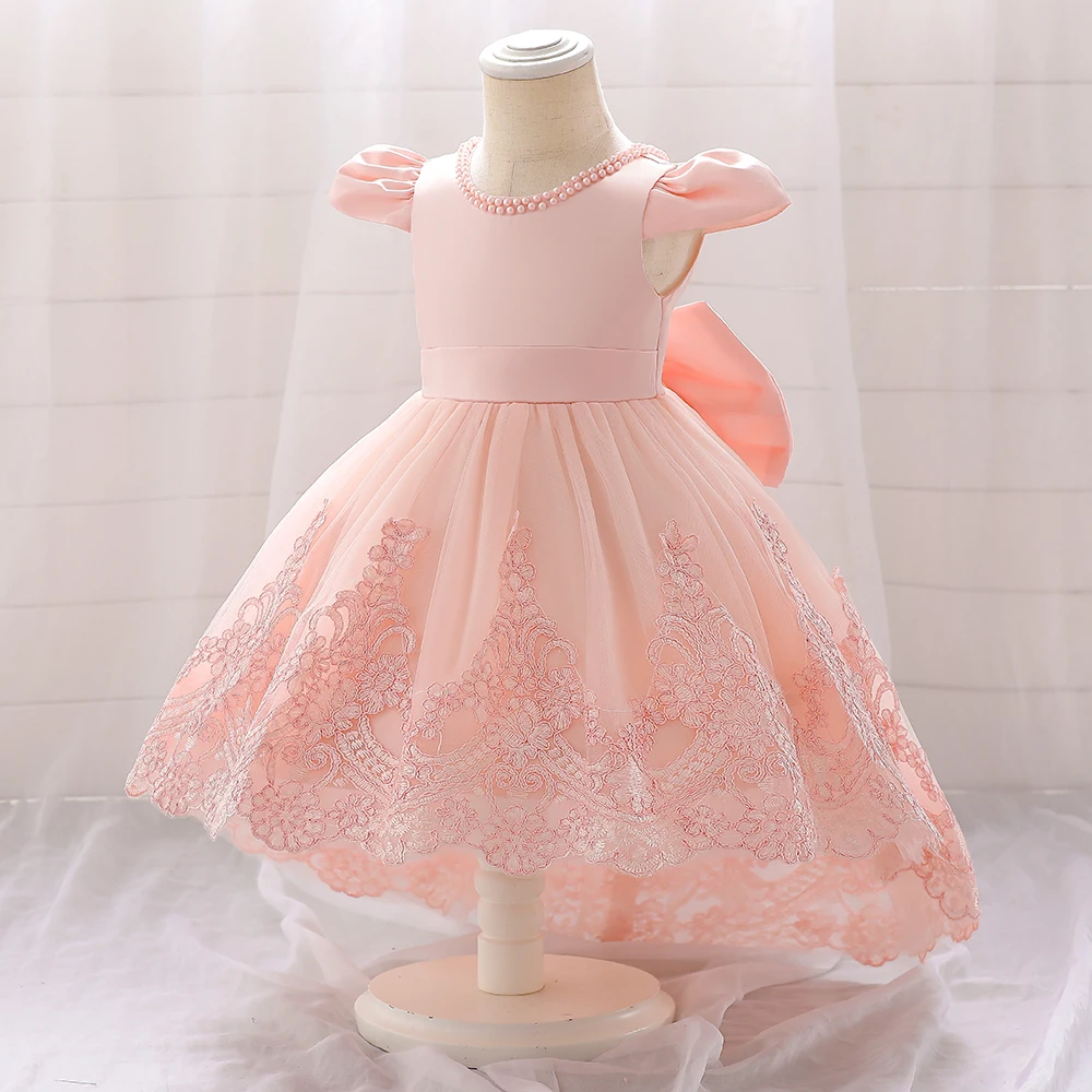 Toddler Bow Baby Dress For Girls Beading Tulle Princess 1st Birthday Embroidery Kids Party Dresses for Girl Pink Baptism Costume