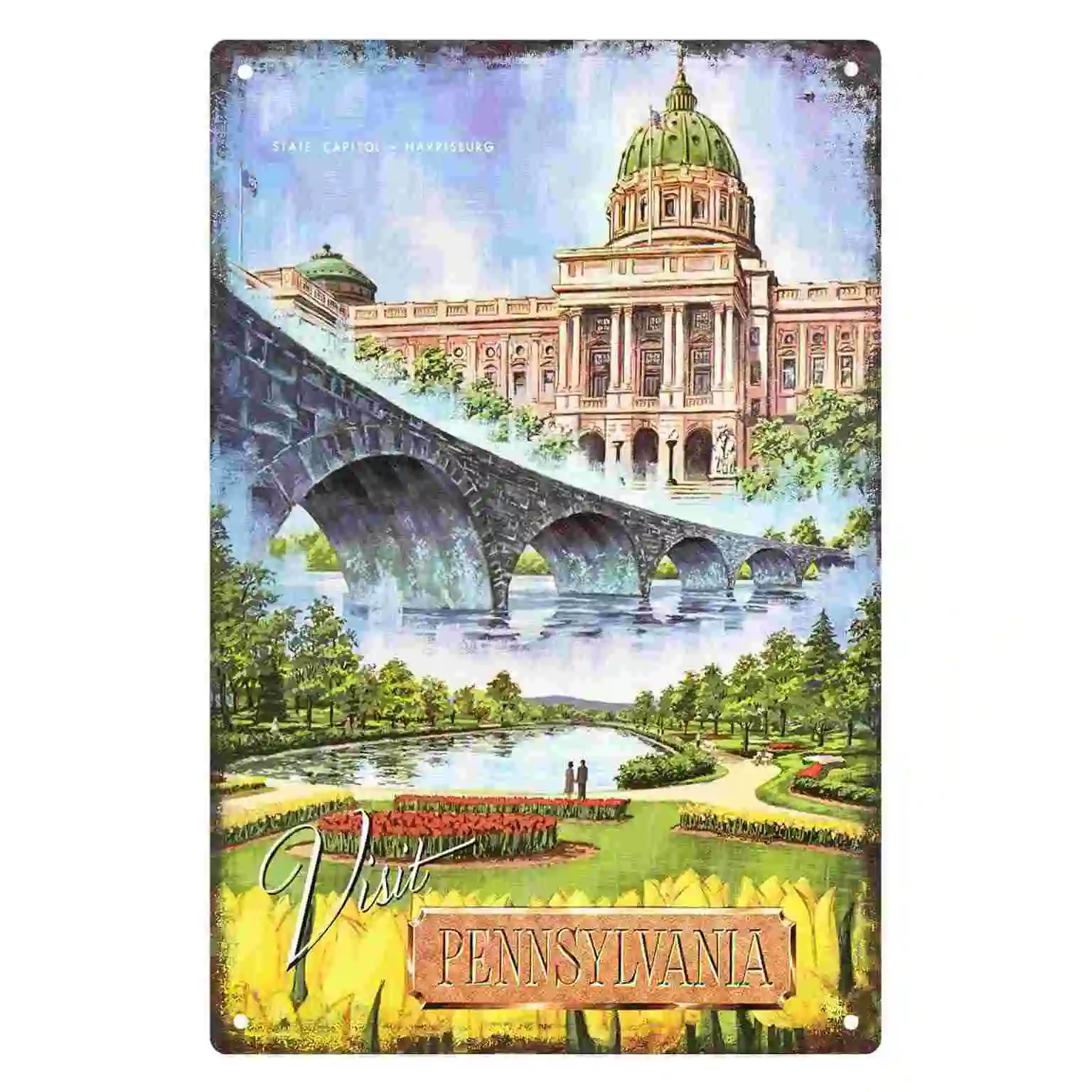 2D FLAT 1pc Visit Pennsylvania State Capitol and Garden Vintage Travel Poster Metal Wall Sign Decoration for Home Garage Bedroom