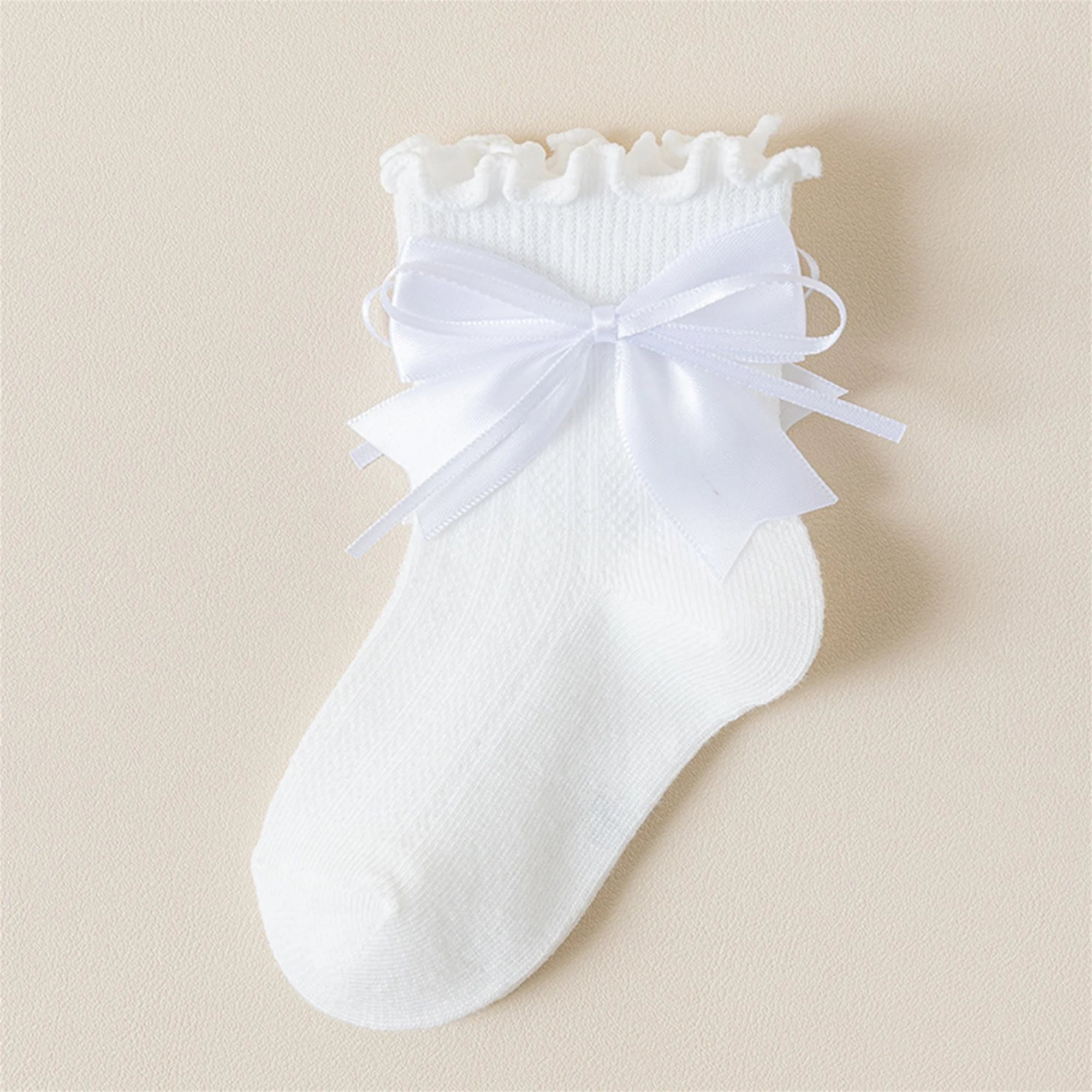 Meias adoráveis até o joelho para meninas com detalhes de laço em cores sólidas – Meias de malha de princesa doce para novidades