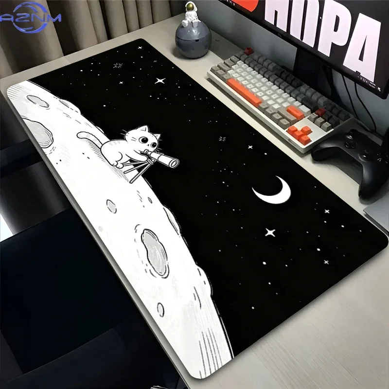 Black Monochrome Space Moon Cat Telescope Large Mousepad, Non-Slip Rubber Waterproof Extended Desk Mat, Cartoon Starry Sky Art M