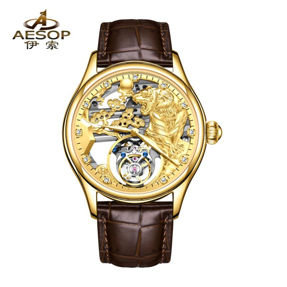 AESOP Men Tourbillon Skeleton Watch 3D Tiger Mechanical Wristwatch Premium Steel Sapphire Glass Classic Business Dress Clock