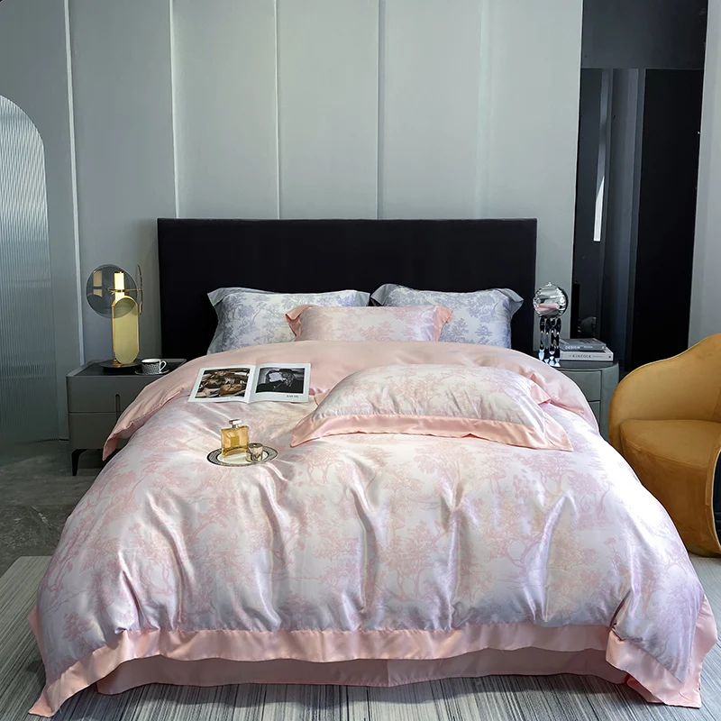 

Four-Piece Jacquard Bedding Set, Double Household Bed Sheet, Quilt Cover, Comfortable Bedding, Pink Color, Queen and King