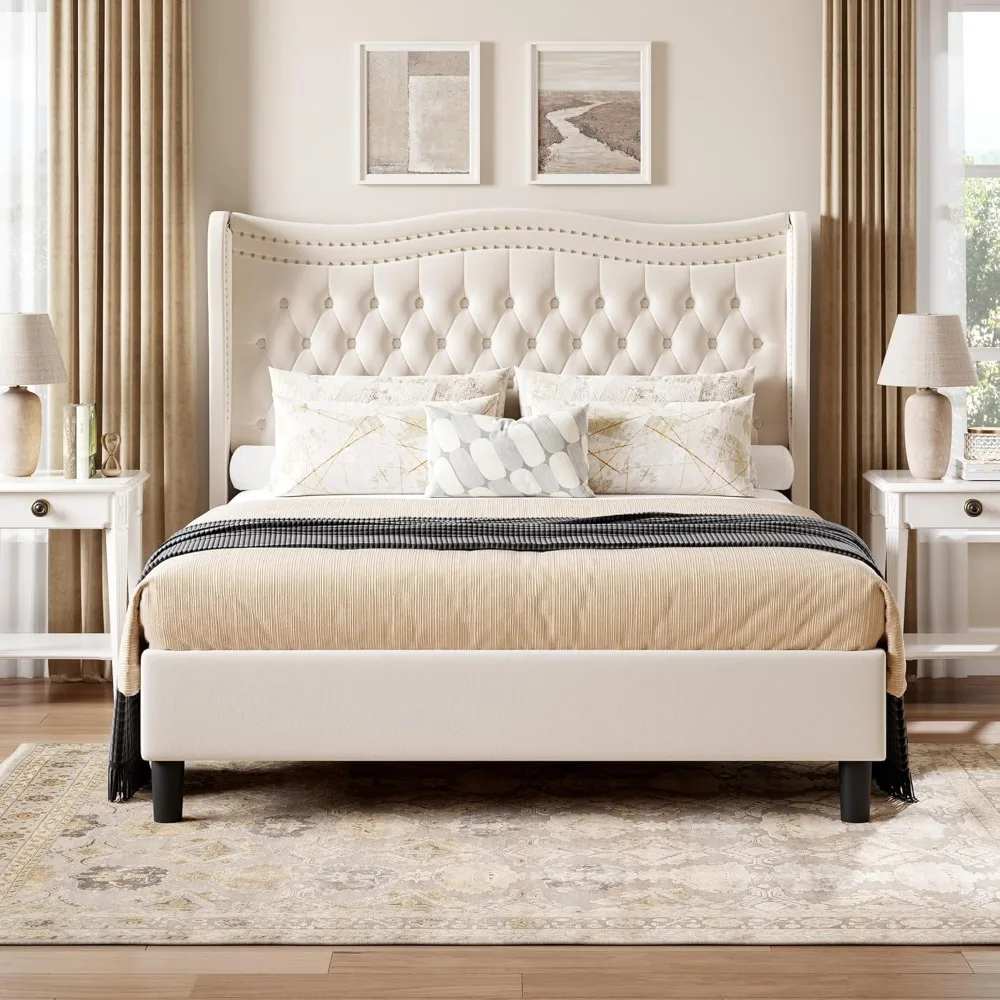 إطار سرير منجد بالحجم الكامل مع لوح رأسي طويل، إطار سرير بمنصة جناح مخملية مع زر عميق معنقدة، بدون صندوق زنبركي N #4