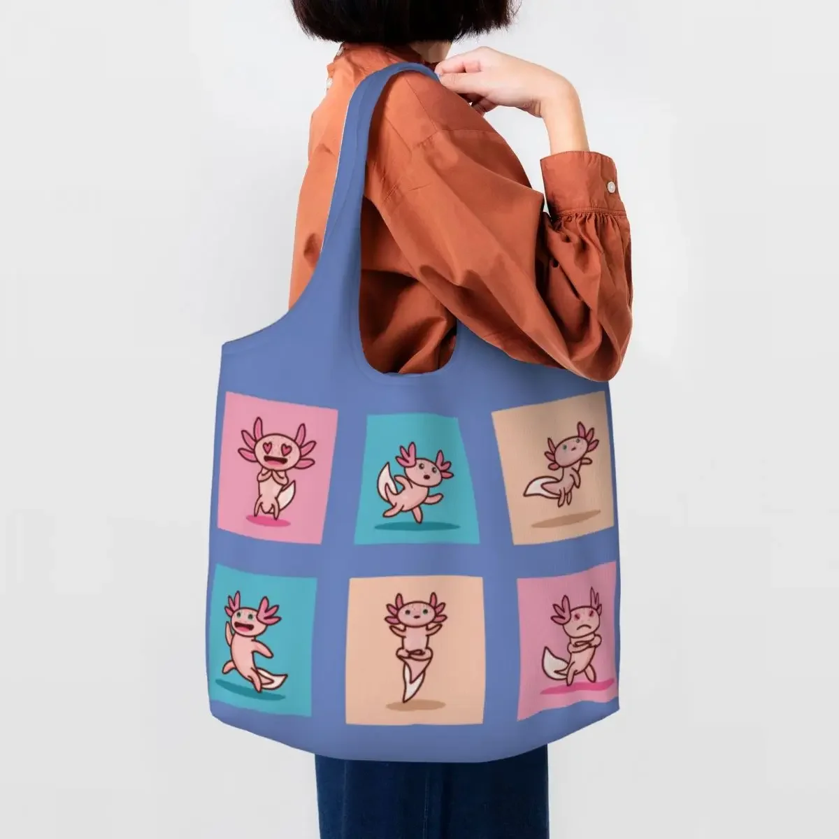 

Cut Axolotl Groceries Shopping Bag Printed Canvas Shopper Shoulder Tote Bag Big Capacity Durable Salamander Animal Bags Handbags