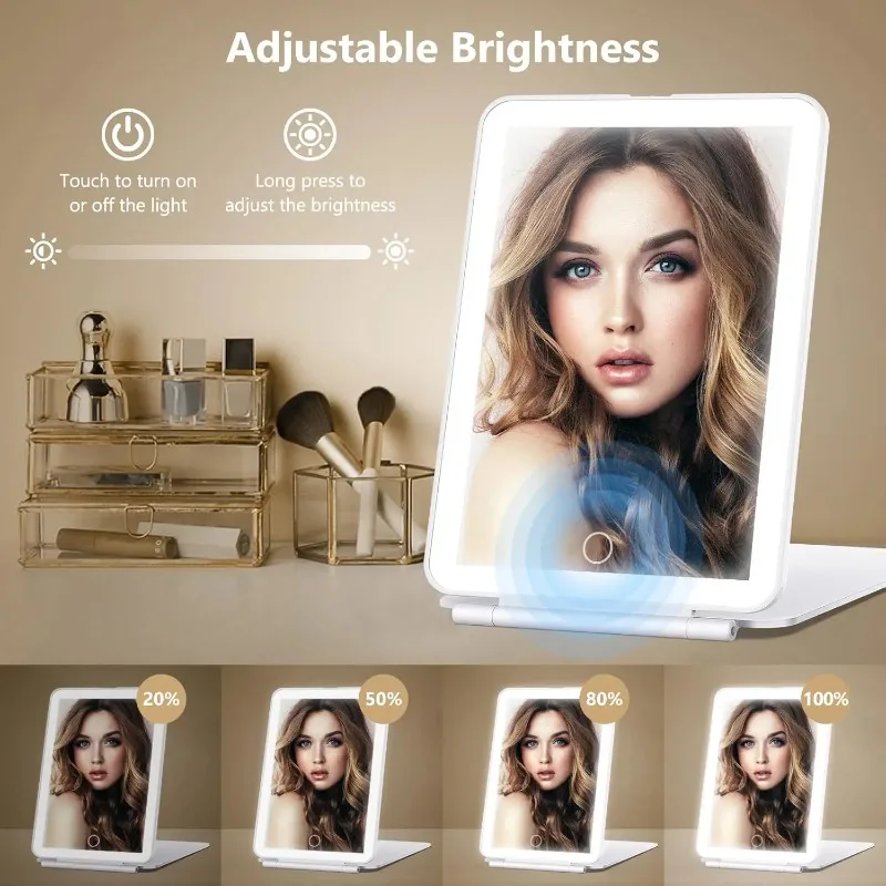 Specchio da Trucco LED Pieghevole da Viaggio con 3 Modalità di Illuminazione, Ricaricabile USB, Touch Screen, Portatile da Tavolo e Manuale