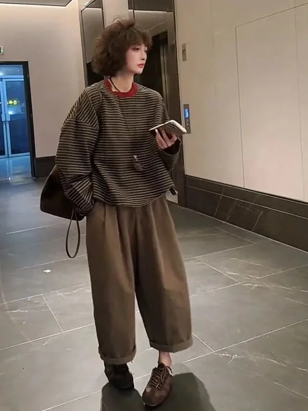 

Spring 2026 Women's Striped Loose T-irt High Waist Slimming Wide Leg Pants plus Size Two-Piece Set Casual Sle Polyester F...