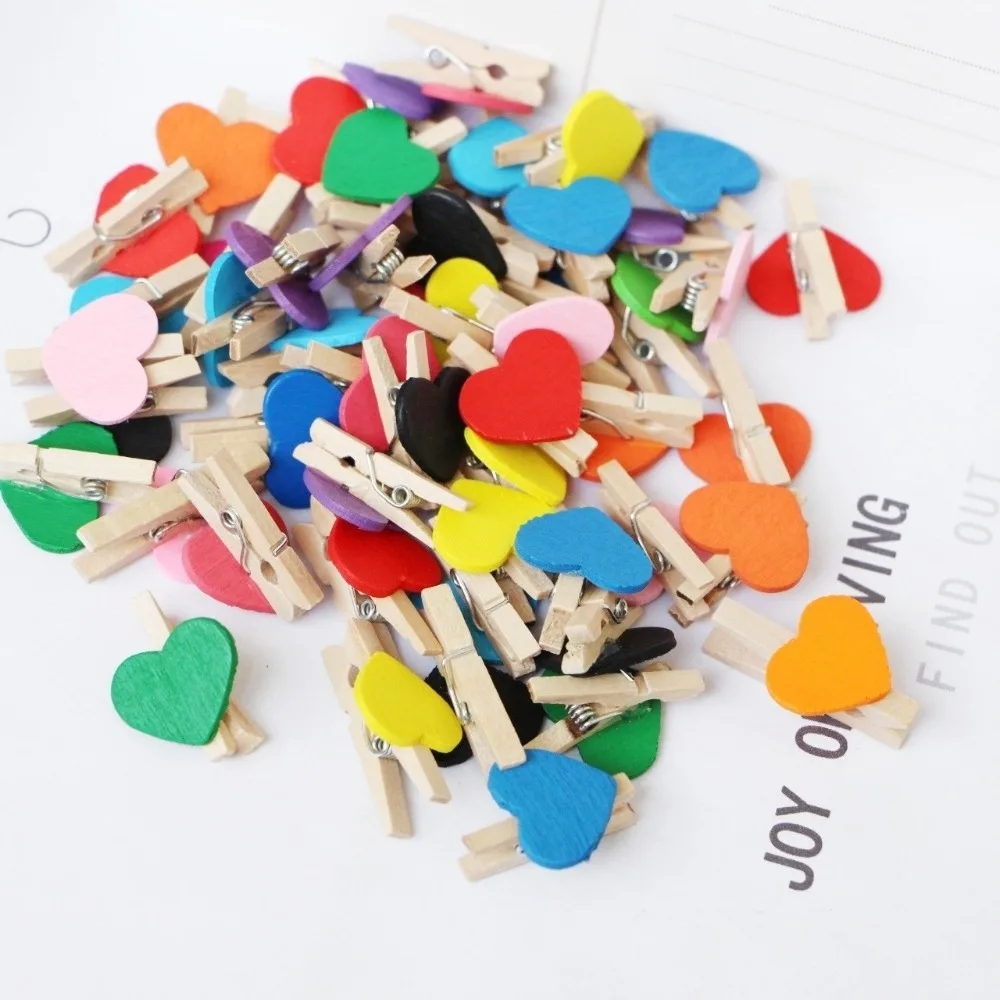 50Pcs Small 1.18in Wooden Clothespins Colored Photo Clips Heart Clips Craft Clip Birthday