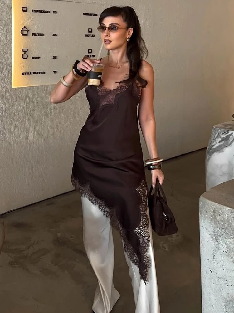 HH Elegantes, sexy Damen-Minikleid mit Spitze, ärmellos, Asymmetrie-Kleid, rückenfrei, schlank, weiblich, Party, Strand, Schlinge, Spleißen