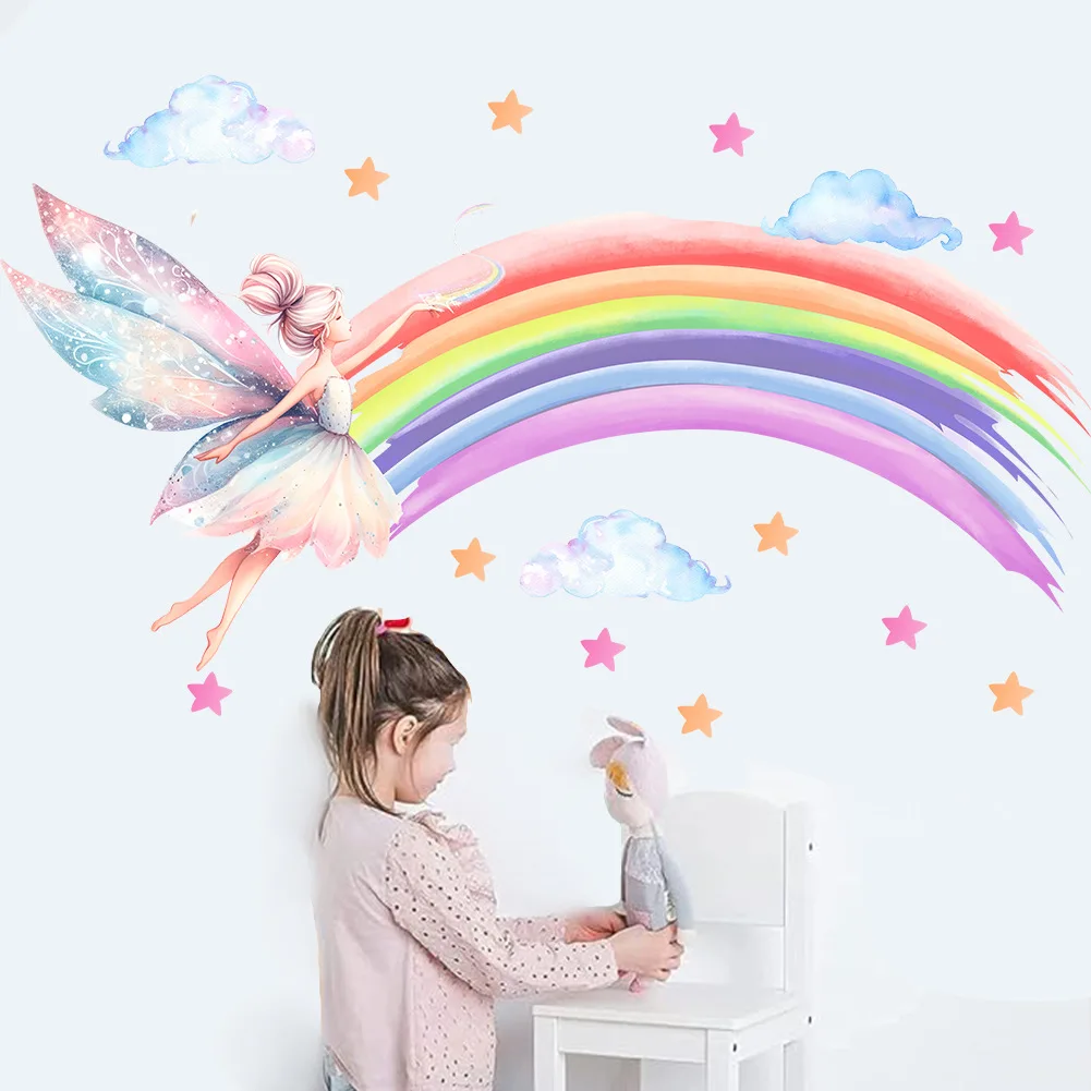 Cartoon Elf Girl Rainbow Wall Sticker Girls Room Cloud Elf Wall Sticker Children\'s Bedroom Decor Wallpaper Self-adhesive Decals