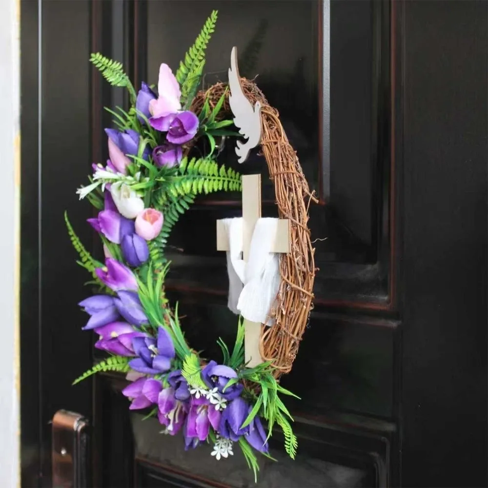 

Faux Flowers Easter Tulip Cross Wreath Colorful Design Handmade Rattan Ring Garland Artificial Front Door Hanging Garlands