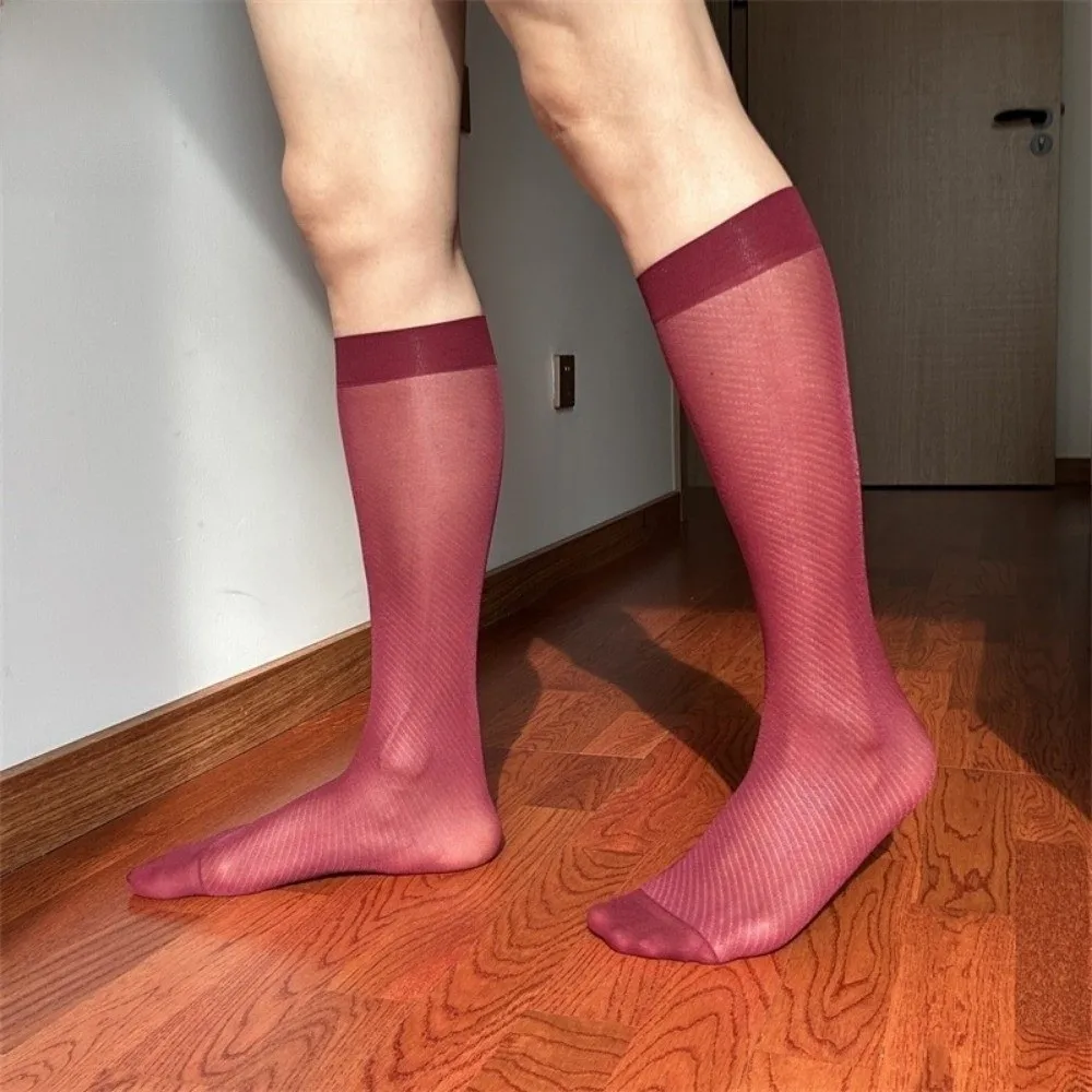 Simple Stripe Grid Dress High Tube Socks Transparent Below Knee Ultra-Thin Socks Breathable Nylon Mid-calf Ice Silk Socks Daily