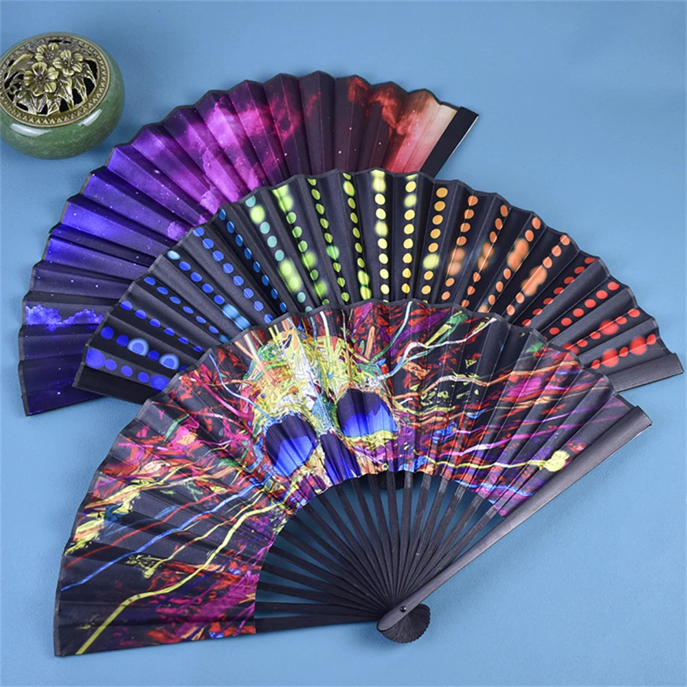 

Rainbow Print Folding Hand Held Fan Bamboo Bone Fan Wedding Dance Party Silk Fans Luxury Fashion Fan Performance Dance Fan Decor