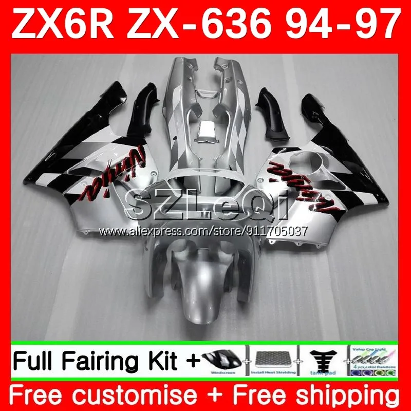 Body Kit For KAWASAKI NINJA ZX-6R ZX 6R 636 ZX6R 94 95 96 97 98No.21 600CC ZX-636 ZX636 1994 1995 1996 1997 silver black Fairing